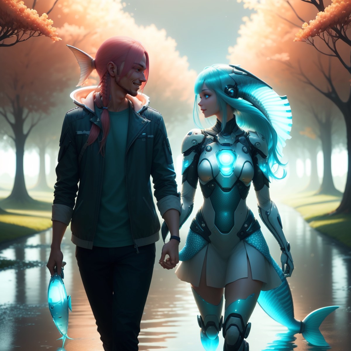 10989-3514545659-,fishytech,scifi, _light smile, couple walking in the park, long hair , short hair ,glowing colored hair, looking at another,(.png